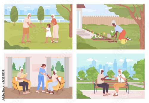 Healthy older adults lifestyle flat color vector illustration set. Healthcare center. Gardening hobby. Fully editable 2D simple cartoon characters collection with landscape on background