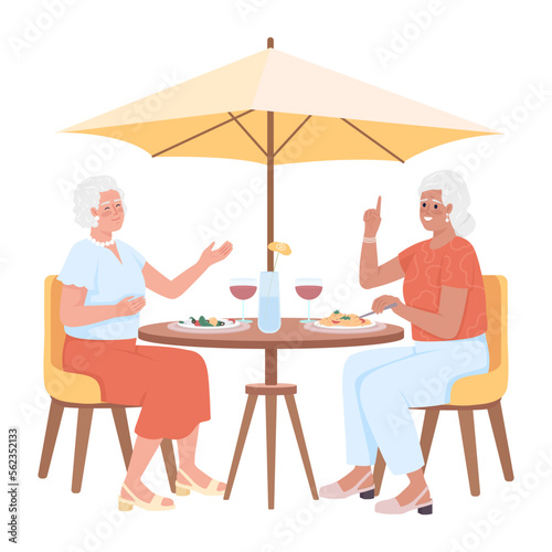 Happy senior female friends having fancy dinner semi flat color vector characters. Editable figures. Full body people on white. Simple cartoon style illustration for web graphic design and animation