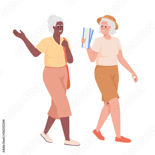 Older female friends going to event with tickets semi flat color vector characters. Editable figures. Full body people on white. Simple cartoon style illustration for web graphic design and animation
