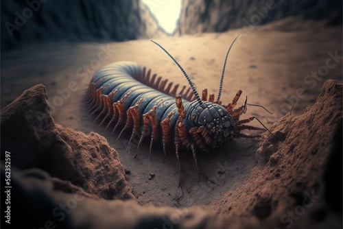 Print op canvas Giant centipede insect crawling in red rocky desert surface of a cavern with man