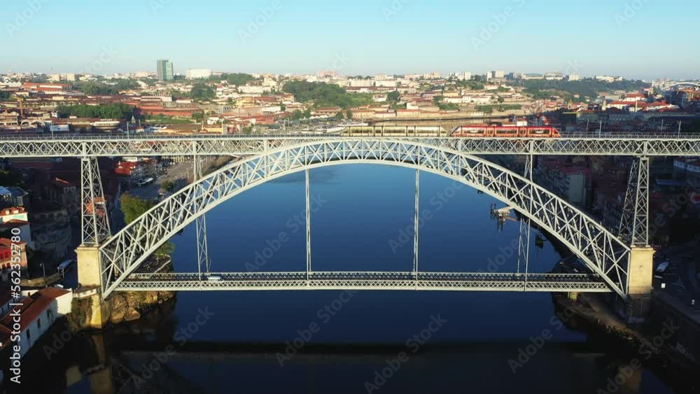 The Luis I Bridge in the historic city center of the city of Porto , Europe, Portugal, North, in summer on a sunny day. The Luis I Bridge in the historic city center of the city of Porto , Europe, Portugal, North, in summer on a sunny day.