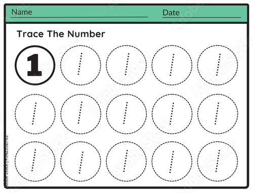 trace the number Worksheet Writing 1 illustrator vector