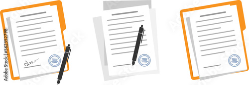 File folder with white leaf and sticky notes.Document case,paper case,notebook.Open file folder.Folder with documents . Documents with stamp and text.Contract papers.