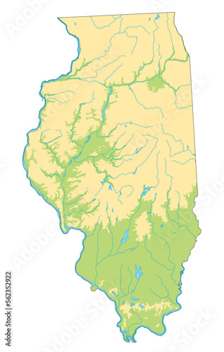 High detailed Illinois physical map.