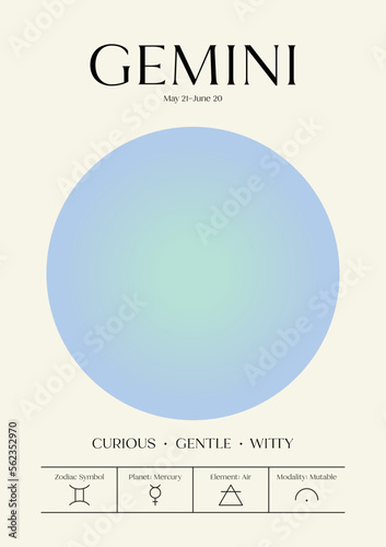 gemini Wall Art, Retro Zodiac Poster, Astrology Digital Download Print, Star Sign Decor, Gradient Aura, Spiritual Vector Art