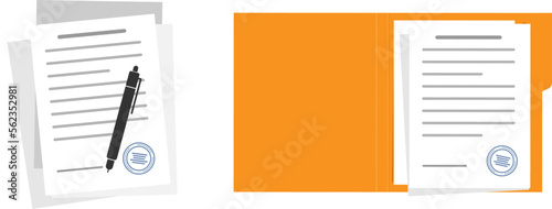 File folder with white leaf and sticky notes.Document case,paper case,notebook.Open file folder.Folder with documents . Documents with stamp and text.Contract papers.