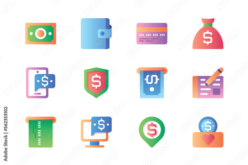 Payment icons set in color flat design. Pack of money, wallet, credit card, bag, message, protection shield, atm cash, dollar, buy, purchase and other. Vector pictograms for web sites and mobile app Payment icons set in color flat design. Pack of money, wallet, credit card, bag, message, protection shield, atm cash, dollar, buy, purchase and other. Vector pictograms for web sites and mobile app