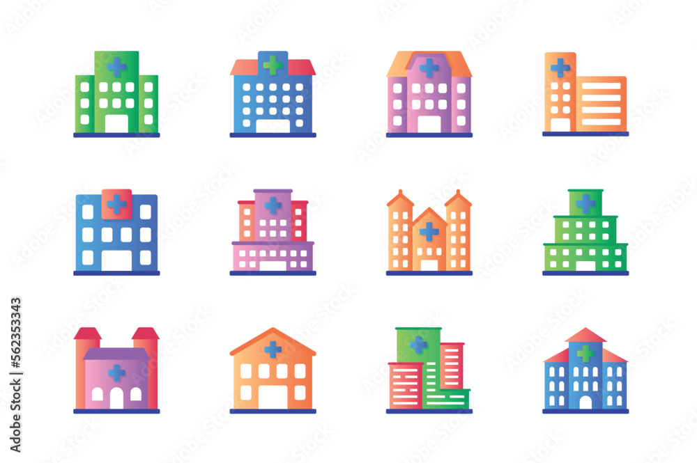Hospital icons set in color flat design. Pack of building exterior, clinic facade, pharmacy, medicine office, medical real estate, property and other. Vector pictograms for web sites and mobile app