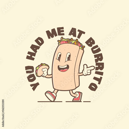 Cool Burrito character walking with a taco in his hands' vector illustration. Food, street food, brand design concept.