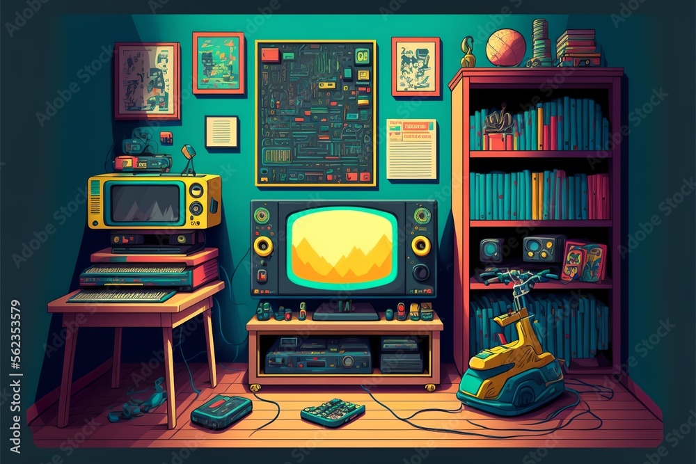 Retro kid's room interior with vintage devices and pop culture posters ...