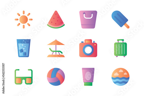 Summer icons set in color flat design. Pack of sun, watermelon, ice cream, cold drink, lounger beach, umbrella, camera, luggage, sunglasses and other. Vector pictograms for web sites and mobile app