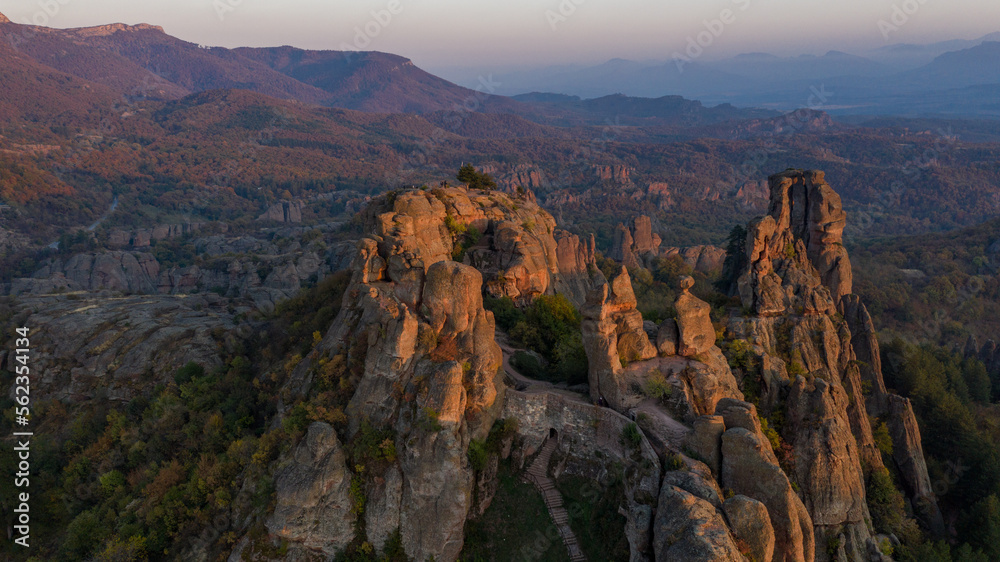 Aerial view of Belogradchik rocks and Belogradchik fortress, Bulgaria in the autumn, November 2019