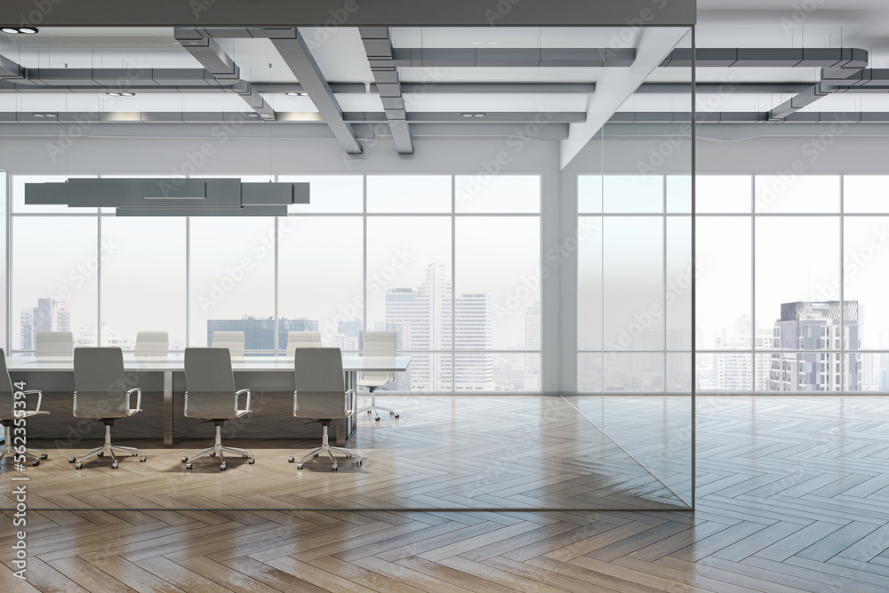 Side view on modern conference room with white table behind glass partitions in spacious office on high floor of modern business center with city view background from panoramic window. 3D rendering