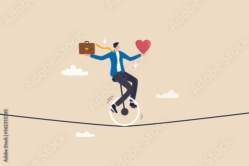 Work life balance, working lifestyle compromise with family or personal health, choice or balance between work stress and relaxation concept, businessman balance himself with heart and briefcase. photo