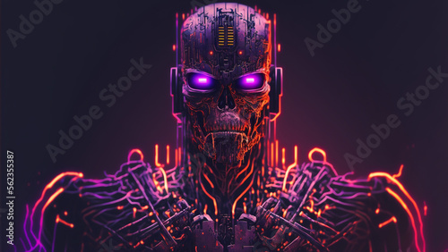 Terminator-like cyborg bionic robot looking angrily at the camera portrait style orange purple and pink neon vivid colors photo