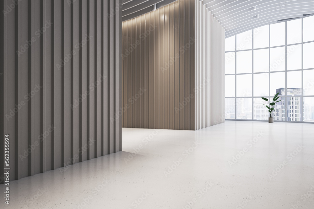 Fototapeta premium Luxury light hallway interior with designer walls, panoramic window, decorative plants and city view. 3D Rendering.