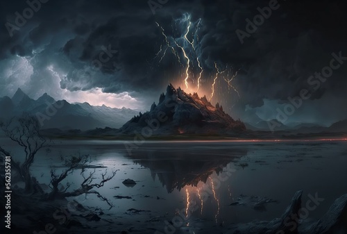 illustration, stormy night mystical landscape, AI generated image