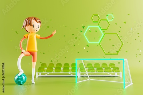action cartoon 3d character. boy in sports action. 3d illustrator. colorful human design. happy face. sport object rendering. fitness activity. health concept. copy space background. soccer ball