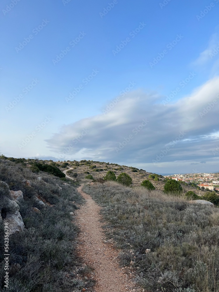 Hiking walkway in the hills, blue sky, summertime Hiking walkway in the hills, blue sky, summertime
