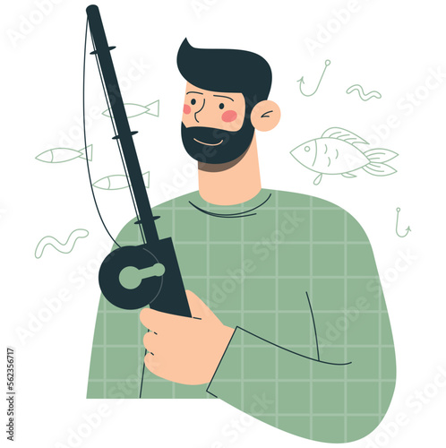 Man with a fishing rod . Flat vector minimalist illustrations of free time spending and hobbies