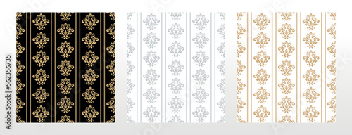 Wallpapers in the style of Baroque. Seamless vector backgrounds. Set of colored floral ornaments. Graphic patterns for fabric, wallpaper, packaging. Ornate Damask flower ornaments