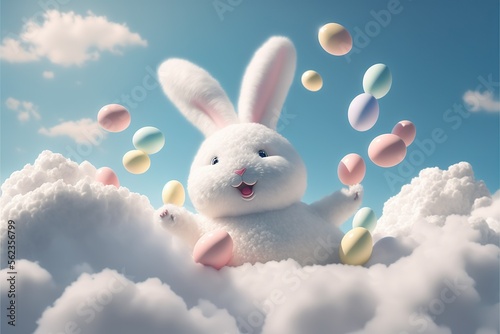 Cute smiling white snow bunny flying in the sky surrounded by puffy clouds. Digital Art Illustration. © Frametechnics