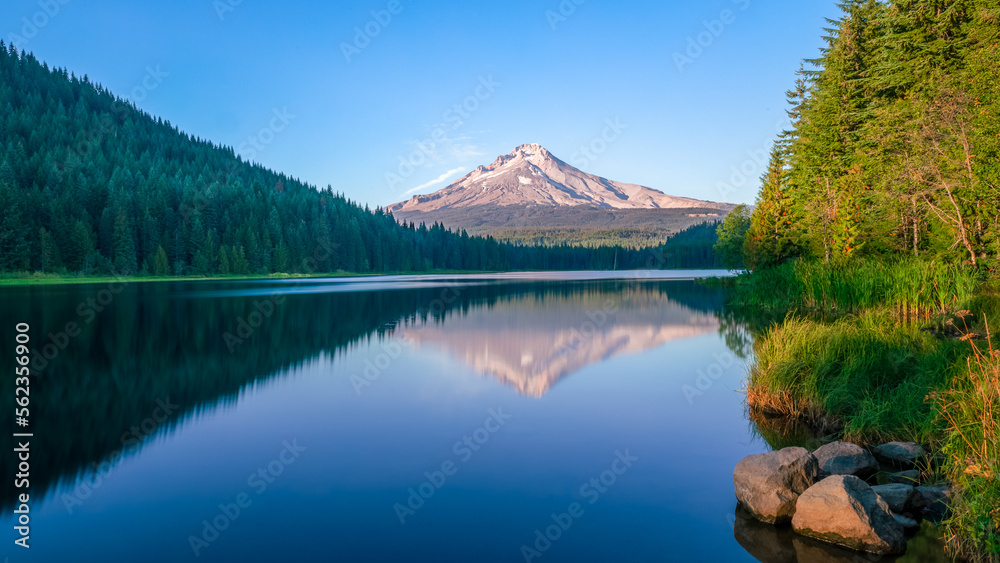 Mount Hood reflected in Trillium Lake at sunset in Oregon's Mt Hood National Forest