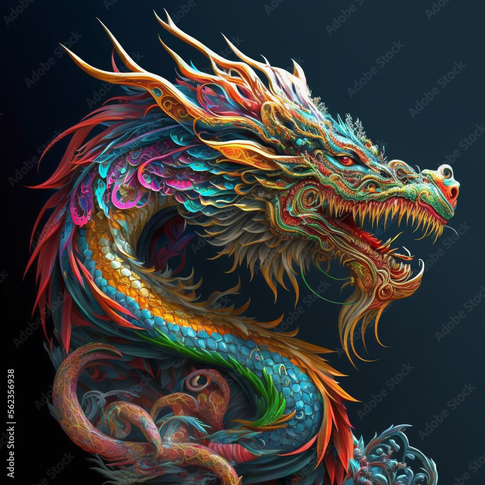 Colorful, cute, magic fantasy chineese dragon illustration