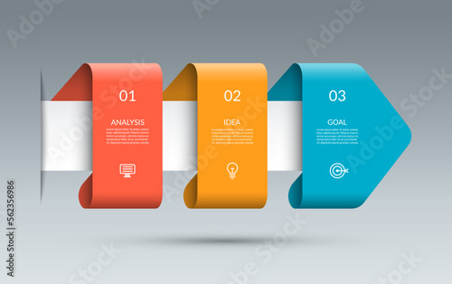 Timeline infographic template with 3 successive steps. Business growth concept. Can be used for web design, diagram, flow chart, graph, business presentation.