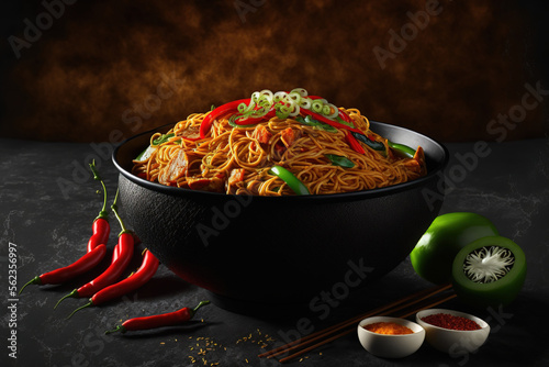 Vegetarian Chow Mein, Vegetarian Hakka Noodles, or Schezwan Noodles in a black bowl against a dark background. With udon noodles, veggies, and chili sauce, Schezwan Noodles is a spicy dish from Indo C photo