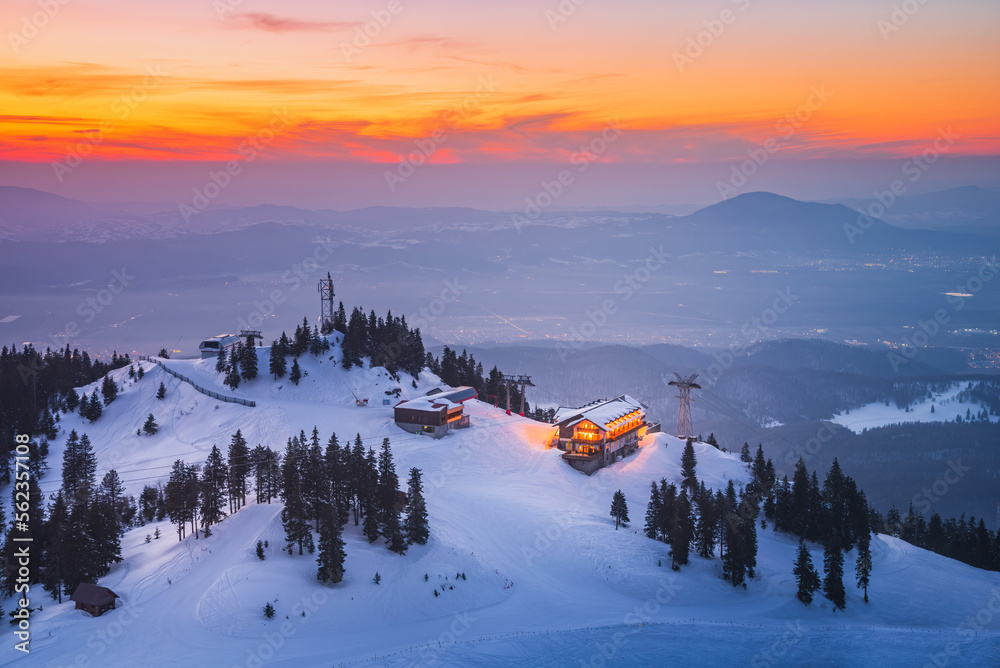 Poiana Brasov, Romania. Postavaru Mt. in Carpathians, winter landscape.