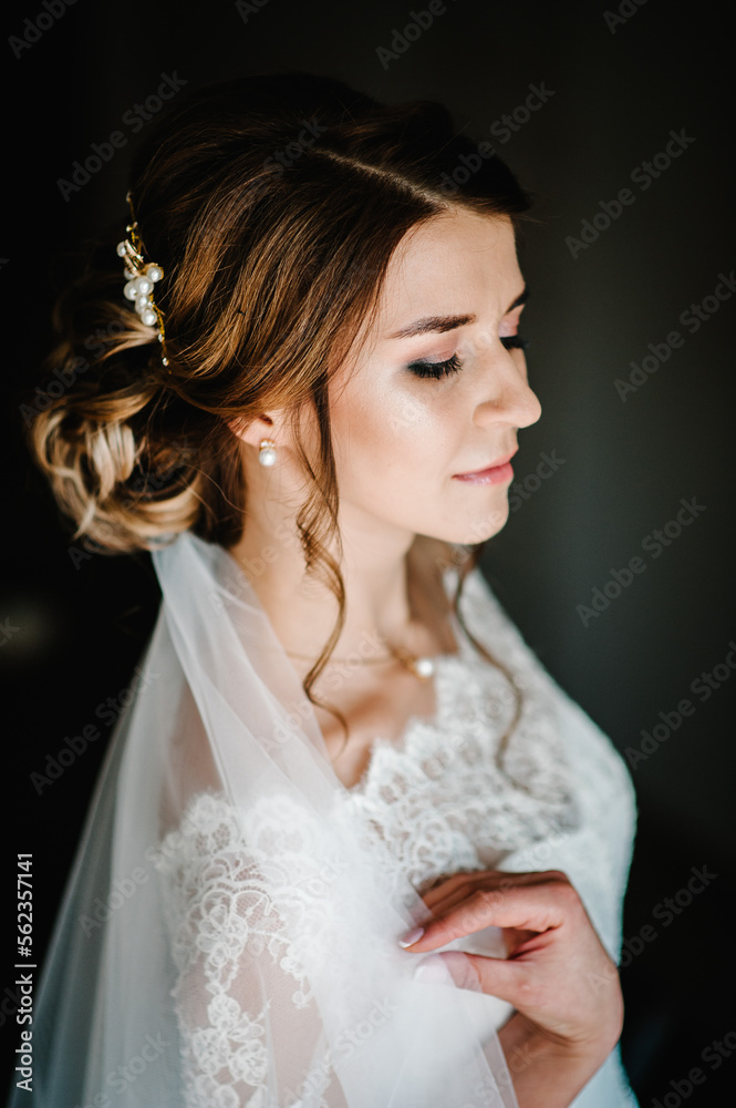 Beauty portrait of bride wearing fashion wedding dress with luxury delight make-up and hairstyle, studio indoor photo. Attractive model.