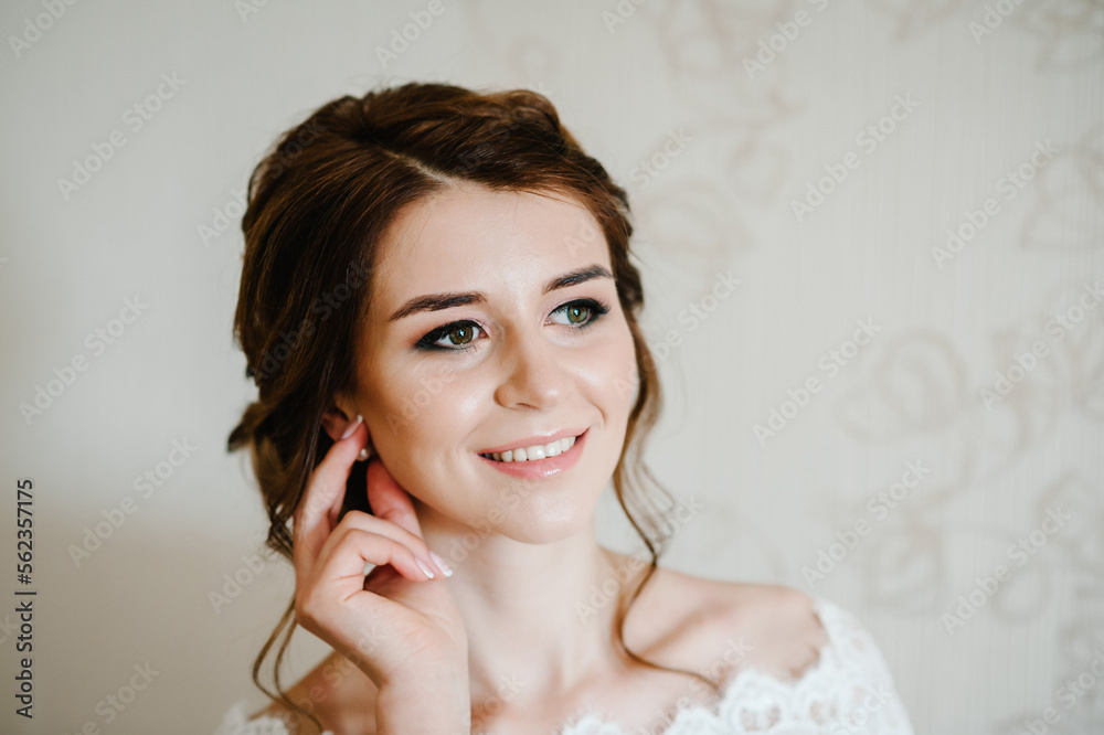 Beauty portrait of bride wearing fashion wedding dress with luxury delight make-up and hairstyle, studio indoor photo. Attractive model. Prom. Beauty portrait of bride wearing fashion wedding dress with luxury delight make-up and hairstyle, studio indoor photo. Attractive model. Prom.