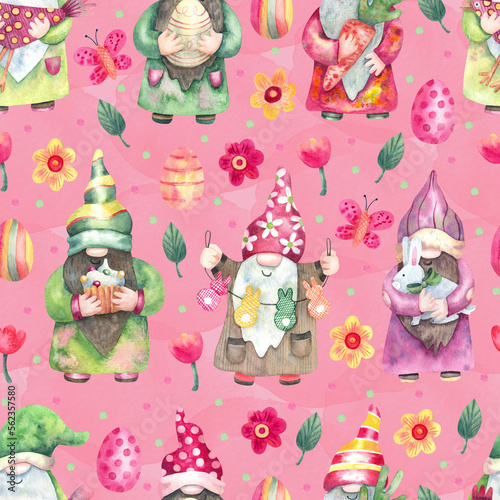 Watercolor Easter seamless pattern with funny gnomes on pink. Daisy, tulips flowers, butterflies and colorful eggs. Great for fabrics, wrapping papers, covers. Spring design.