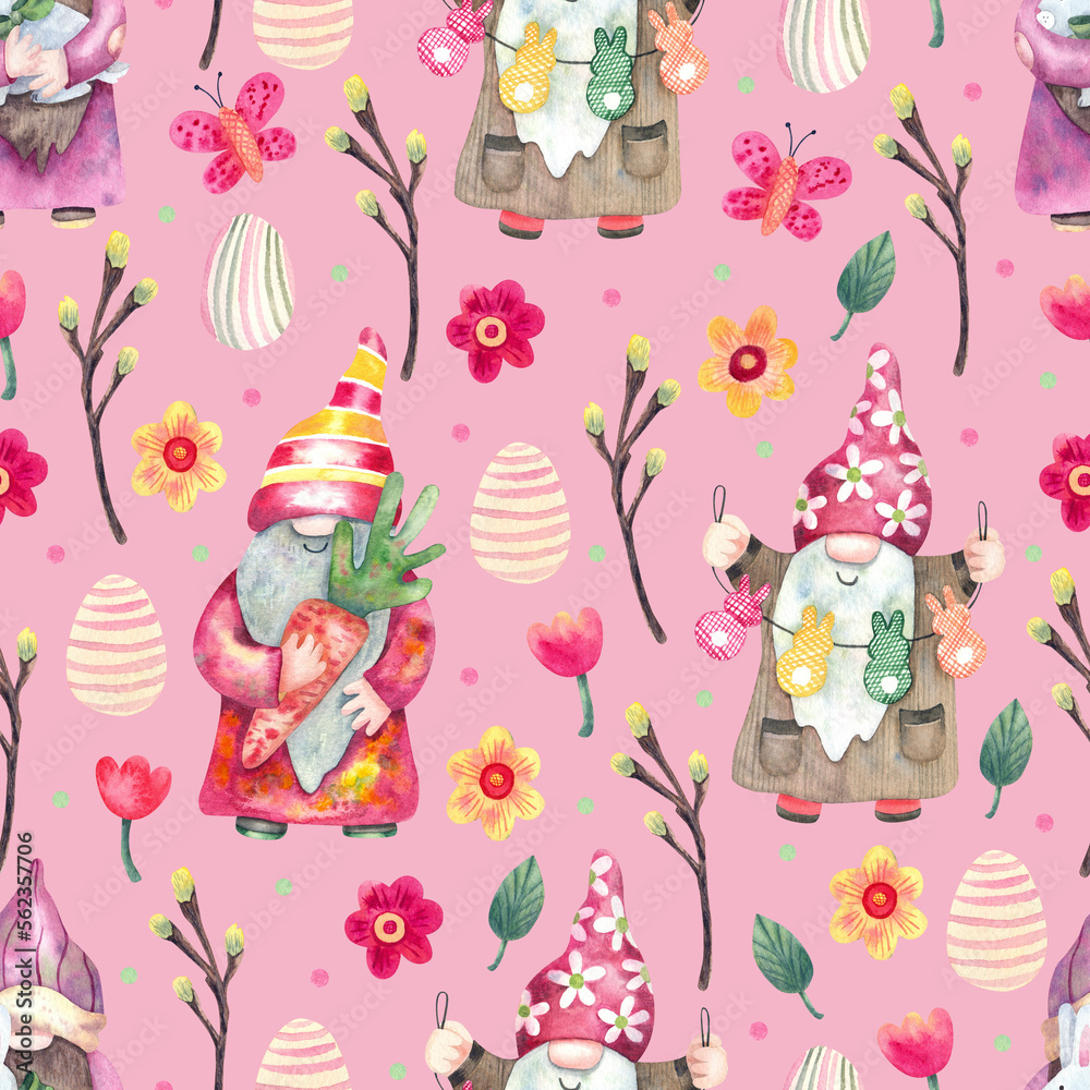 Fototapeta premium Watercolor Easter seamless pattern with funny gnomes on pink. Willow branches, daisy, tulips flowers, butterflies and colorful eggs. Great for fabrics, wrapping papers, covers. Spring design.