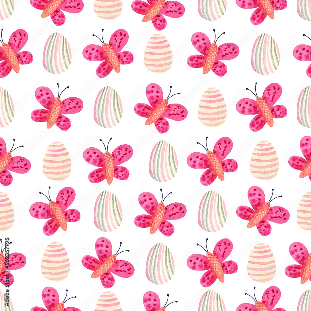 Watercolor spring seamless pattern with butterflies and colorful eggs on white background. Great for fabrics, wrapping papers, covers. Easter design.