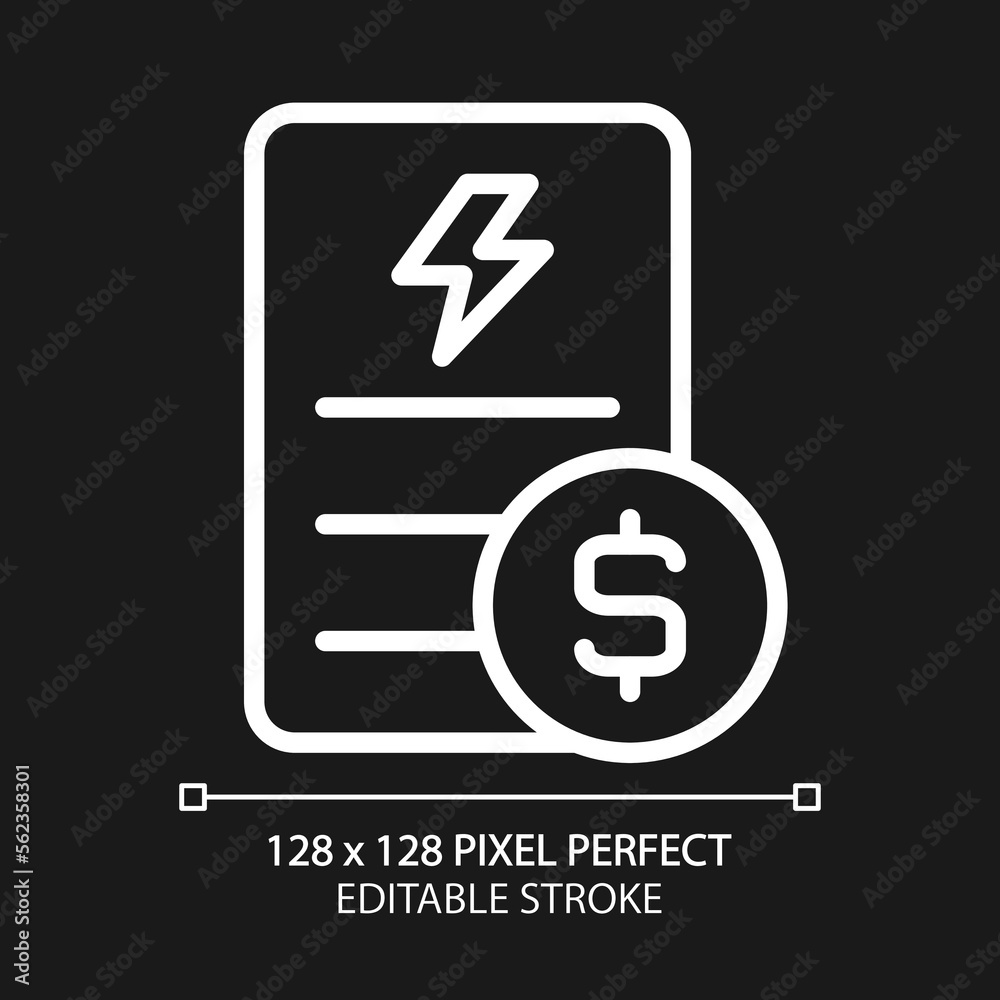 Electricity bill pixel perfect white linear icon for dark theme. Public utility service payment. Debt for utilities usage. Thin line illustration. Isolated symbol for night mode. Editable stroke Electricity bill pixel perfect white linear icon for dark theme. Public utility service payment. Debt for utilities usage. Thin line illustration. Isolated symbol for night mode. Editable stroke