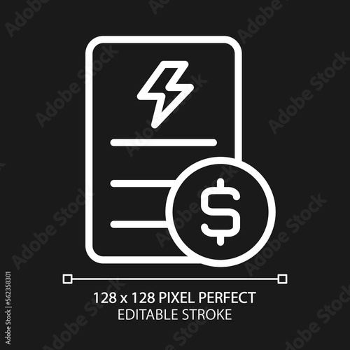 Electricity bill pixel perfect white linear icon for dark theme. Public utility service payment. Debt for utilities usage. Thin line illustration. Isolated symbol for night mode. Editable stroke