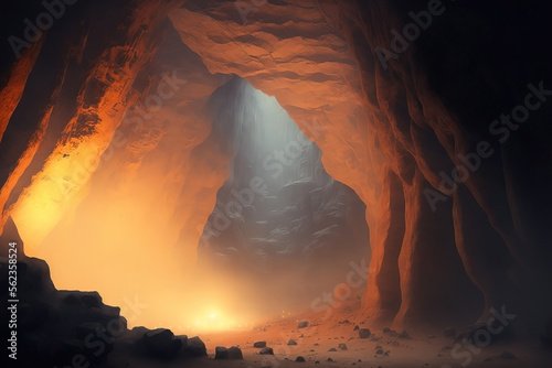 Barren canyon walls. Smokey hot fantasy cave. Large stone cave.