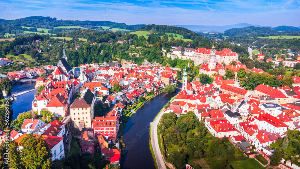 Cesky Krumlov, Czech Republic - Drone view of old town in Bohemia