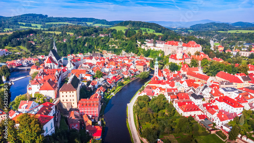 Cesky Krumlov, Czech Republic - Drone view of old town in Bohemia