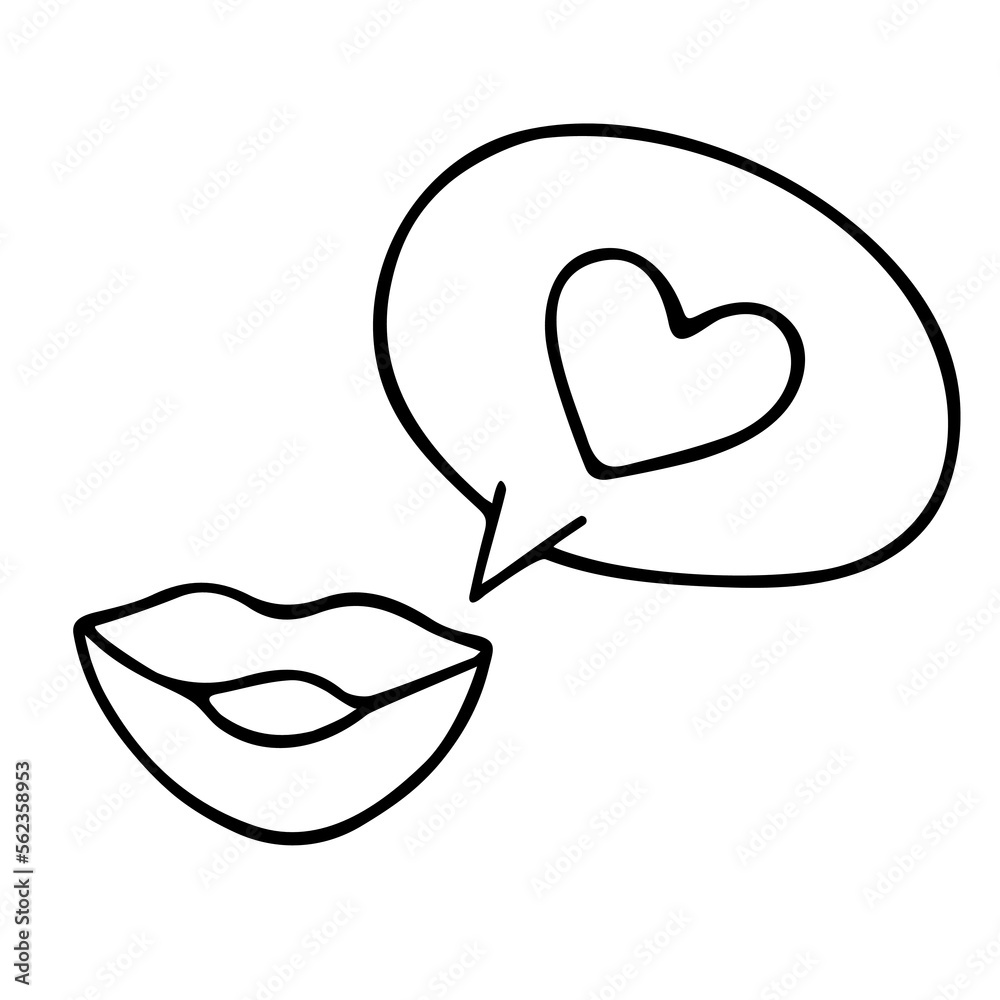 Lips with speech bubble, hand-drawn doodle romantic element. Love feelings,festive design Valentine's Day, drawing by ink, pen,marker.Isolated.Vector Lips with speech bubble, hand-drawn doodle romantic element. Love feelings,festive design Valentine's Day, drawing by ink, pen,marker.Isolated.Vector
