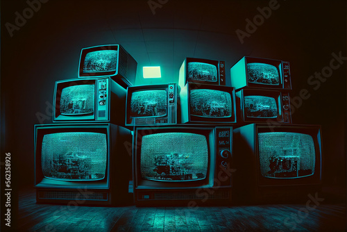 A lot of old televisions in dark room. TV addiction, propaganda and fake news concept. Generative AI