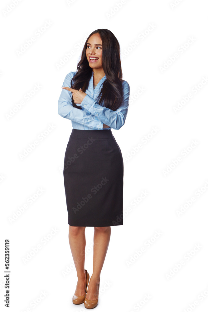 Business, woman and point for space, product placement and manager isolated on white studio background. Female entrepreneur, gesture and employee with confidence, space and marketing success Business, woman and point for space, product placement and manager isolated on white studio background. Female entrepreneur, gesture and employee with confidence, space and marketing success