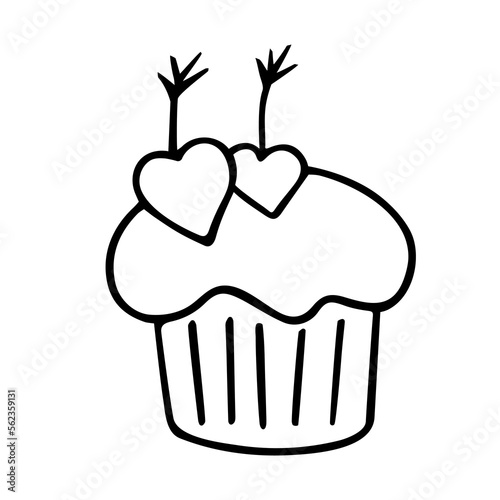 Cupcake with hearts  hand-drawn doodle romantic baking. Love feelings festive design Valentine s Day  drawing by ink  pen marker.Isolated.Vector
