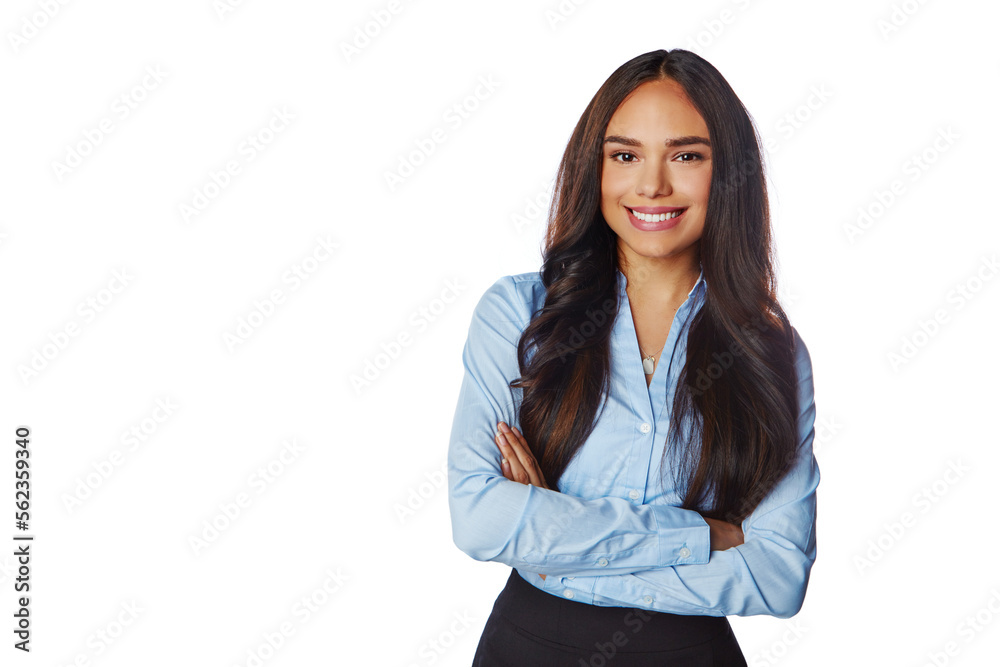 Isolated, business and portrait of woman with mockup in white background studio for management, leader and fashion. Happy, smile and confident with Brazilian girl and arms crossed for formal and cute Isolated, business and portrait of woman with mockup in white background studio for management, leader and fashion. Happy, smile and confident with Brazilian girl and arms crossed for formal and cute