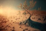 illustration of drought crack land surface with little tree on it  Generative Ai