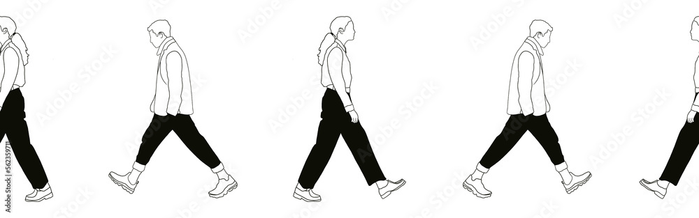 Border with woman and man. Black hand drawn illustration isolated on white background. Design doodle line art element.
