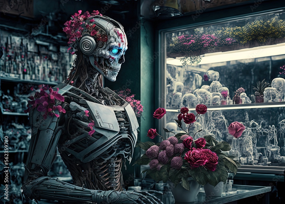 Obraz premium illustration of cyborg robot at flower shop with flowers vine climb on it Generative Ai