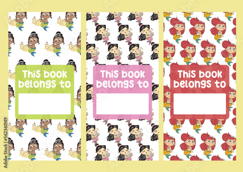 Vector set of bookmarks for children with cute mermaids theme. Vertical layout card template. Printable template for kids. Stationery for kids. Girlish illustration.